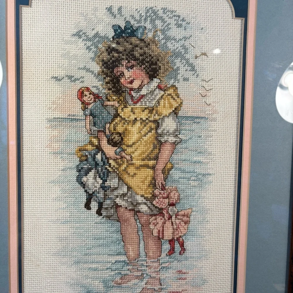 Handmaid Seaside Framed 21x14”Cross Stitch Girl w/ Dolls Beach Scene Vintage